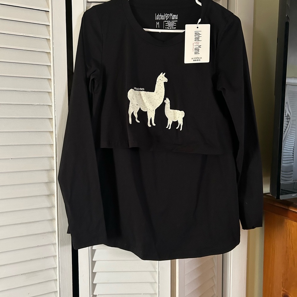 Latched Mama Black Long-Sleeve Nursing Top with Llama Print -Medium